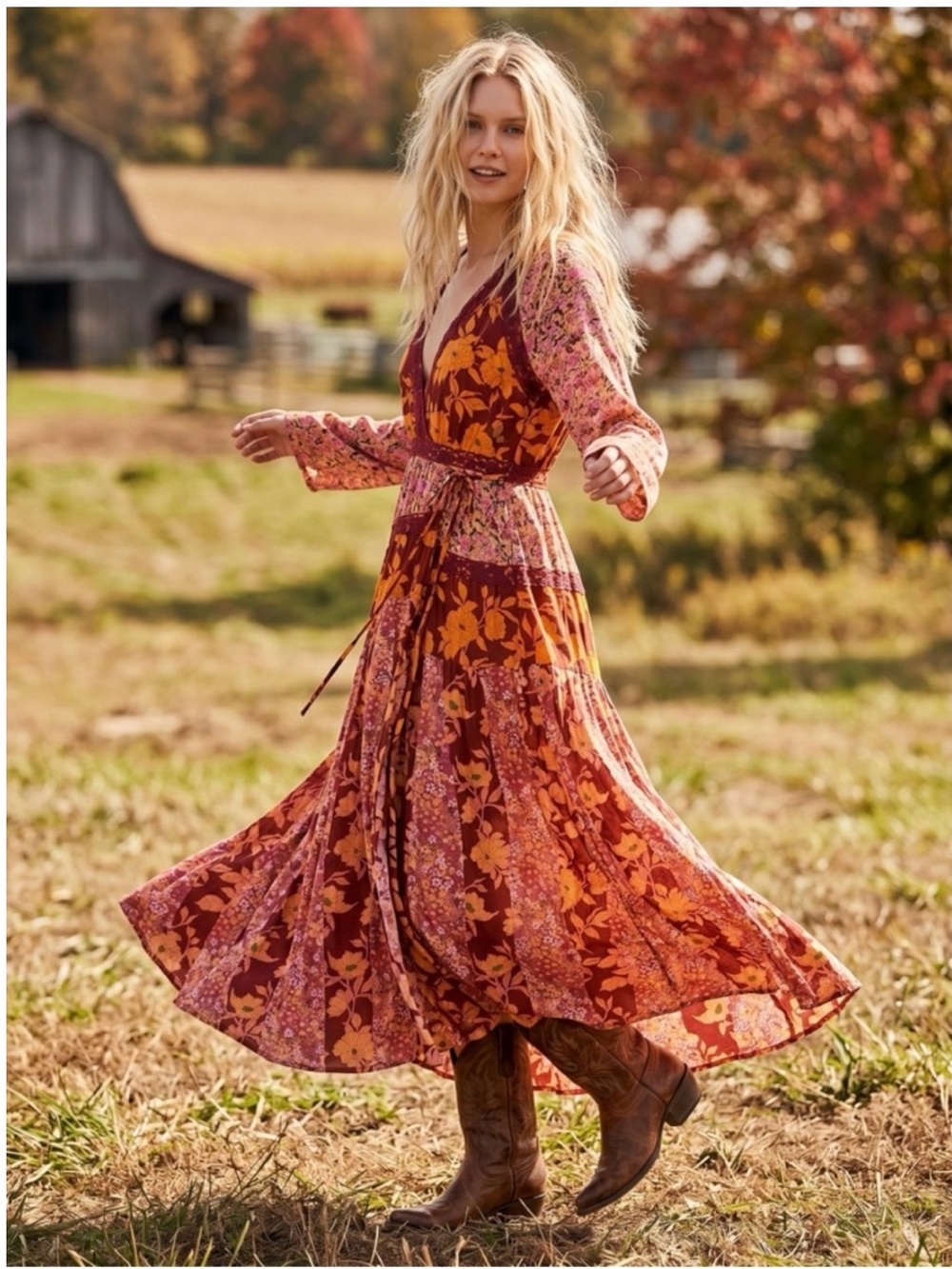 Free People Tilda  Floral Patchwork Maxi Wrap Dress - Pink & Rust NWOT